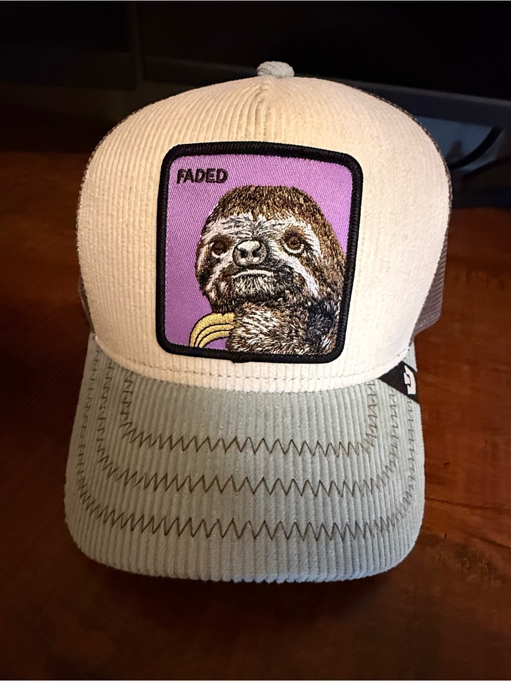 Faded Sloth Patch Corduroy Trucker Hat - Cream and Light Gray